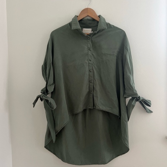 Sancia Buttondown Shirt Top High Low Sleeve Ties Army Green Oversize Xs Tencel